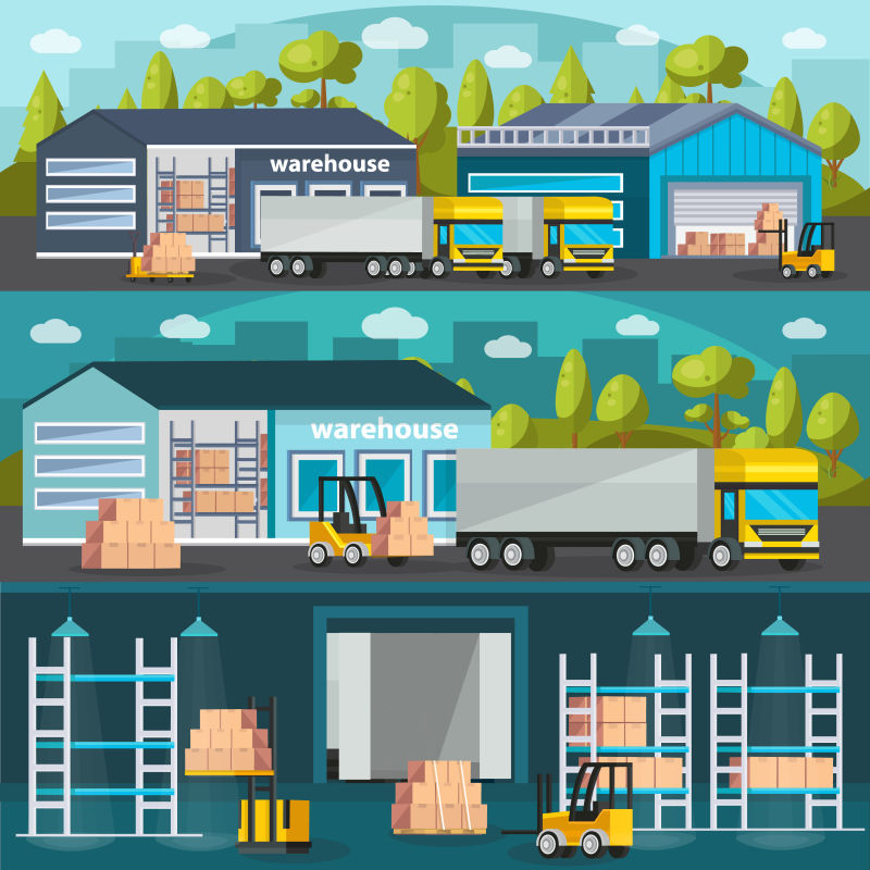 Set of horizontal banners with interior of warehouse and goods loading to truck isolated vector illustration